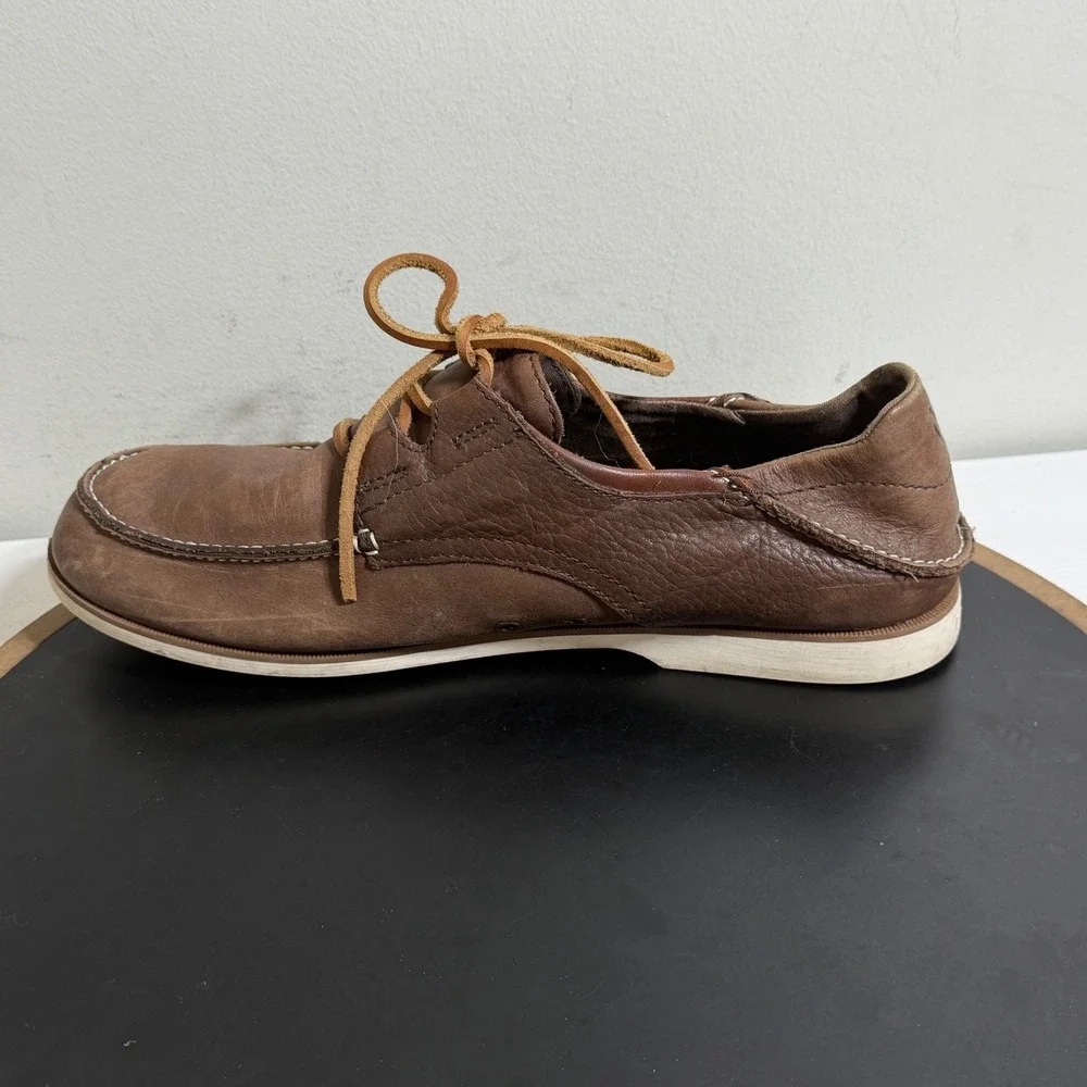 OluKai Mokua Leather Shoes Men 10 Casual‎ Boat Moc Toe Brown Comfort